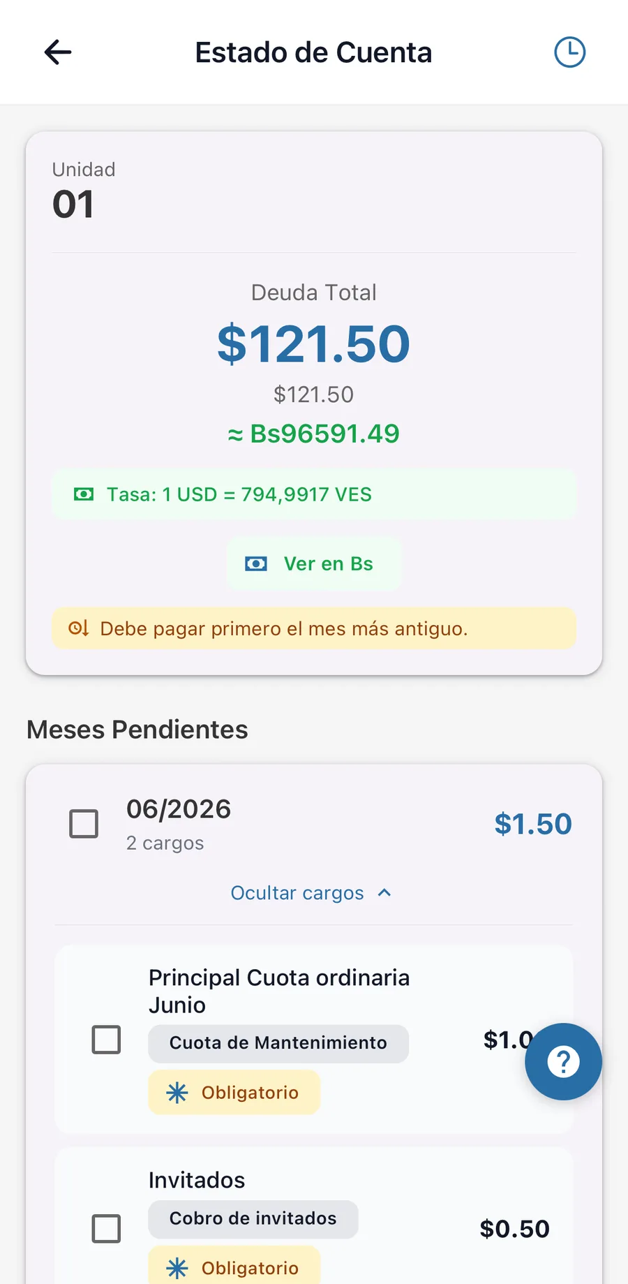 Estado de cuenta en la app: la deuda total en dólares con su equivalente en bolívares, la tasa aplicada y los meses pendientes desglosados.